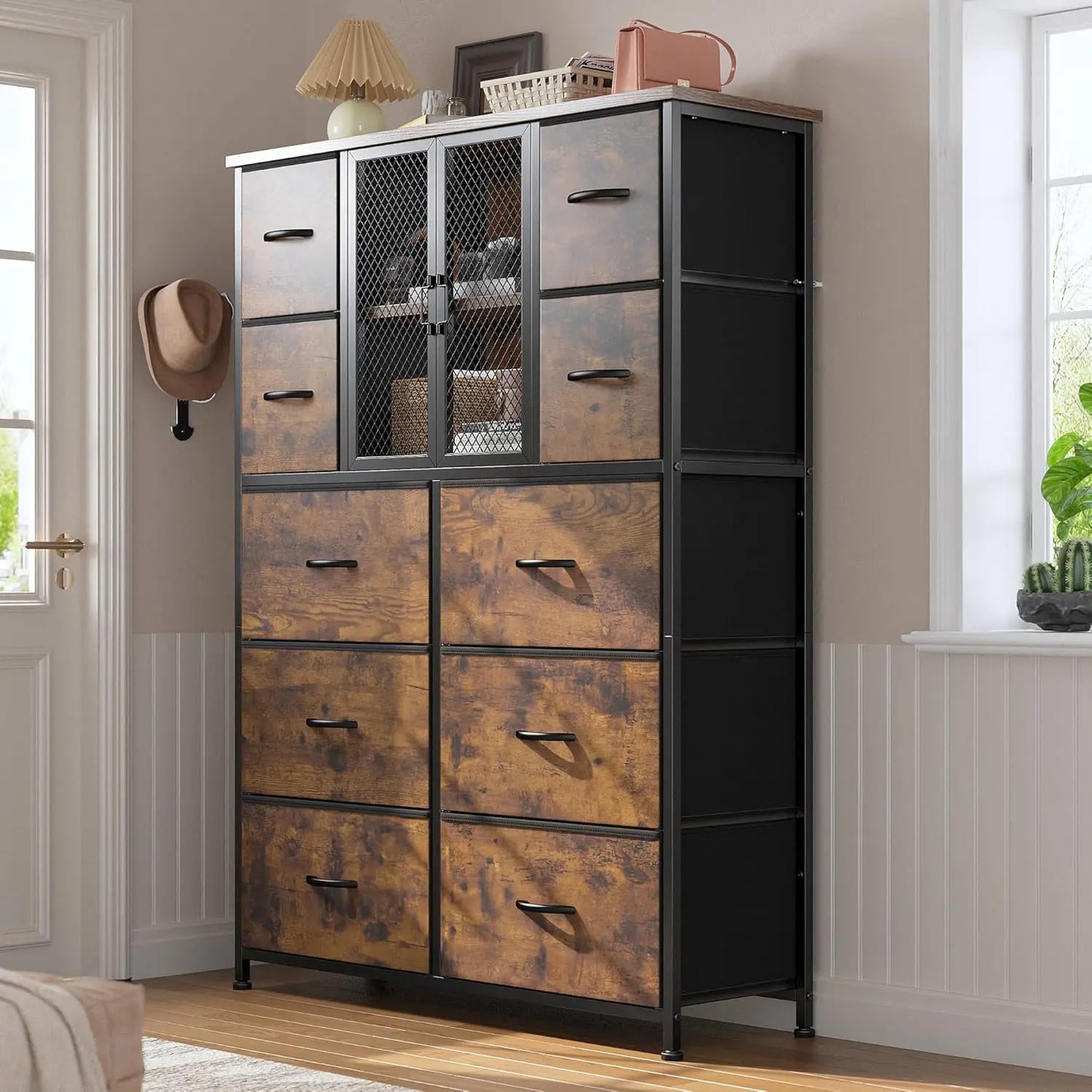 Dresser for Bedroom with Mesh Door Tall Dressers & Chests of Drawers w/10 Fabric Drawer Modern