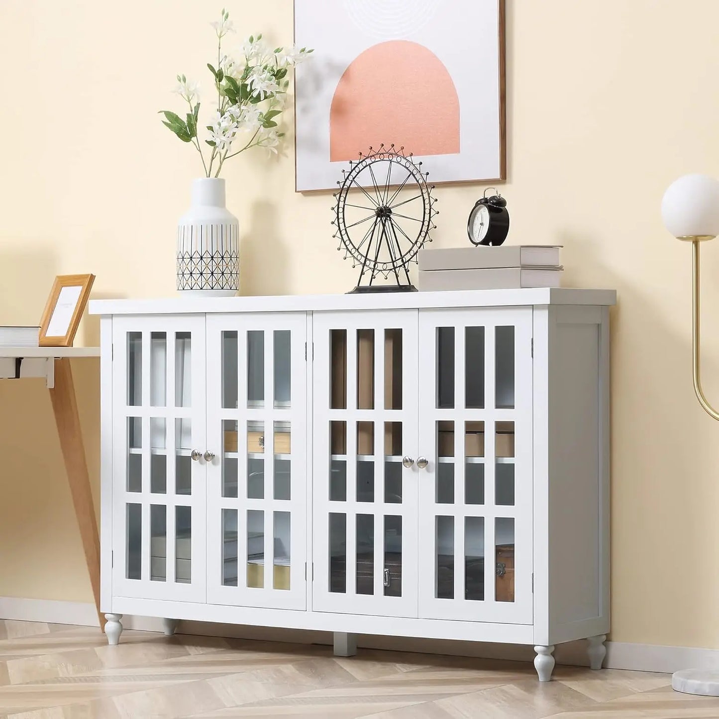 Sideboard, Buffet Cabinet w/4 Tempered Glass Doors, Stripe Pattern, Credenza, White