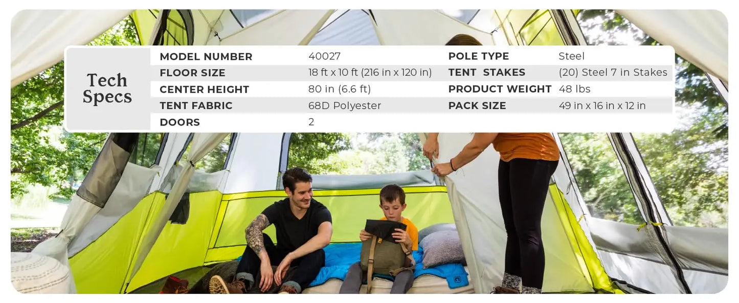 CORE 12-person instant cabin tent with 3 rooms and storage pockets, portable and sets up in 2 min