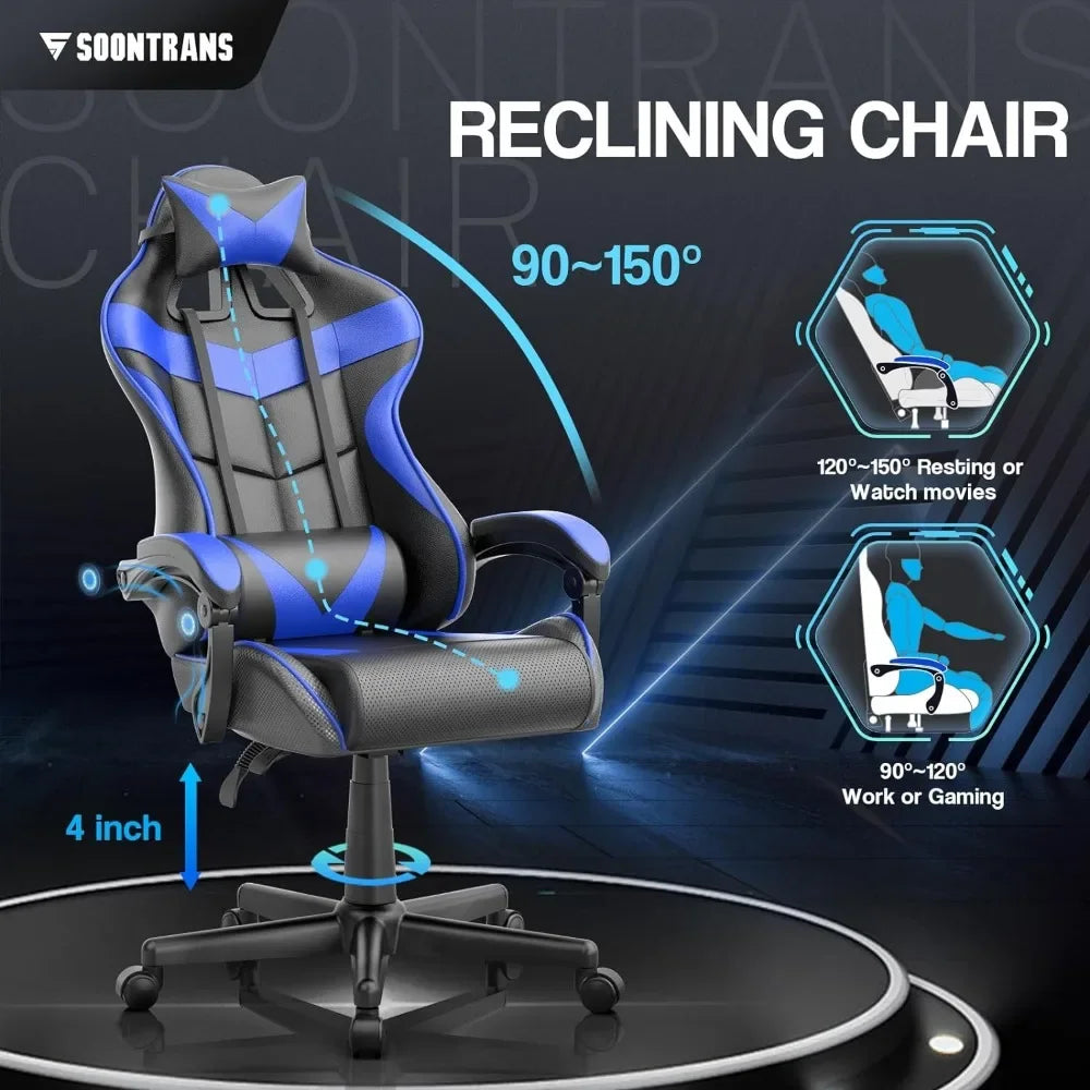 Blue Gaming Chairs w/Massage,Ergonomic Game Chair w/Adjustable Headrest and Lumbar Support