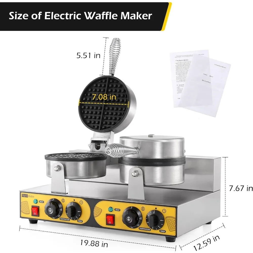 Commercial Waffle Maker Double Heads 110V 2400W Non-stick Round Stainless Steel Waffle Iron Machine