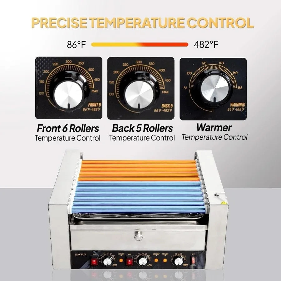 Hot Dog 2000W w/11 Rollers for 30 Hot Dogs Stainless Steel Hot Dog Machine Grill/Bun Warm Drawer