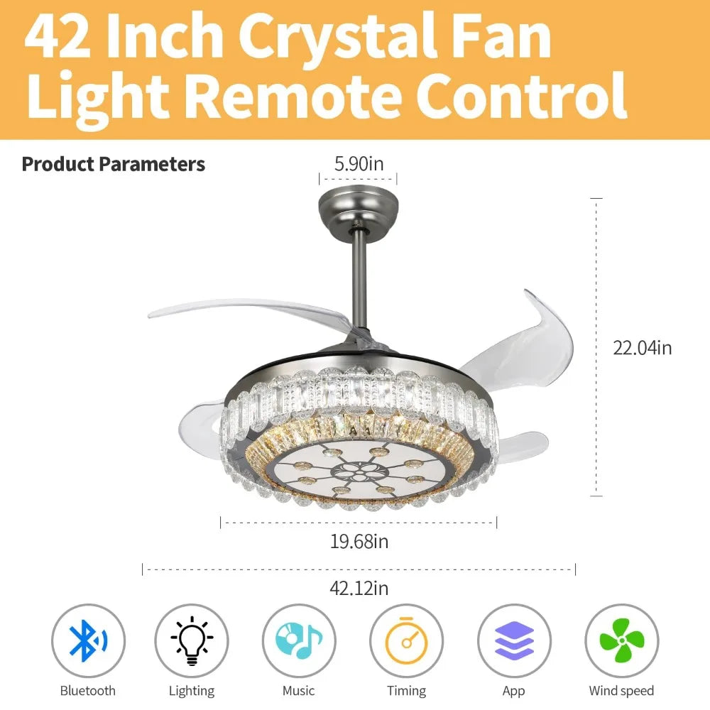 2024 New 42" Retractable Ceiling Fan LED Light&Remote,Modern Chandelier w/ Bluetooth Music Player