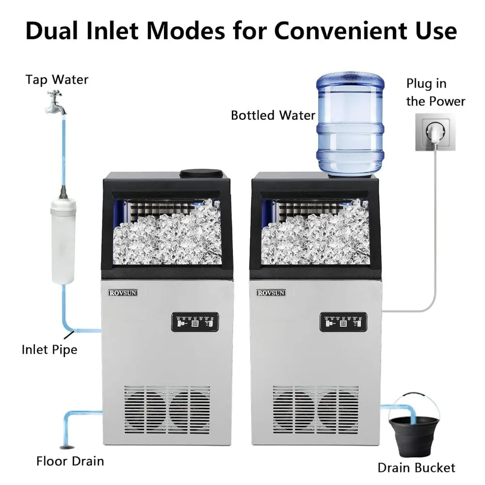 110LBS/24H Commercial Ice Maker Machine w/ 2 Water Inlets, Freestanding w/ 24lbs Storage Bin