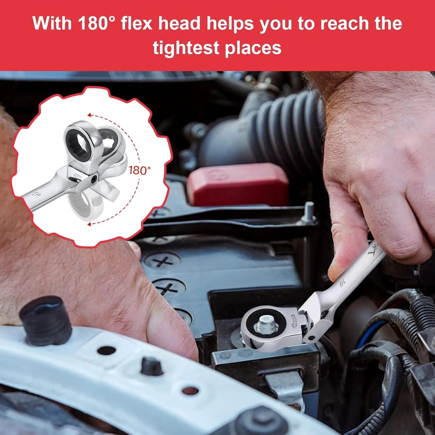 12-Piece Flex-Head Wrench Set, Ratcheting Combination Set, Metric 8-19mm, 72-Teeth,Cr-V Steel/ Bag