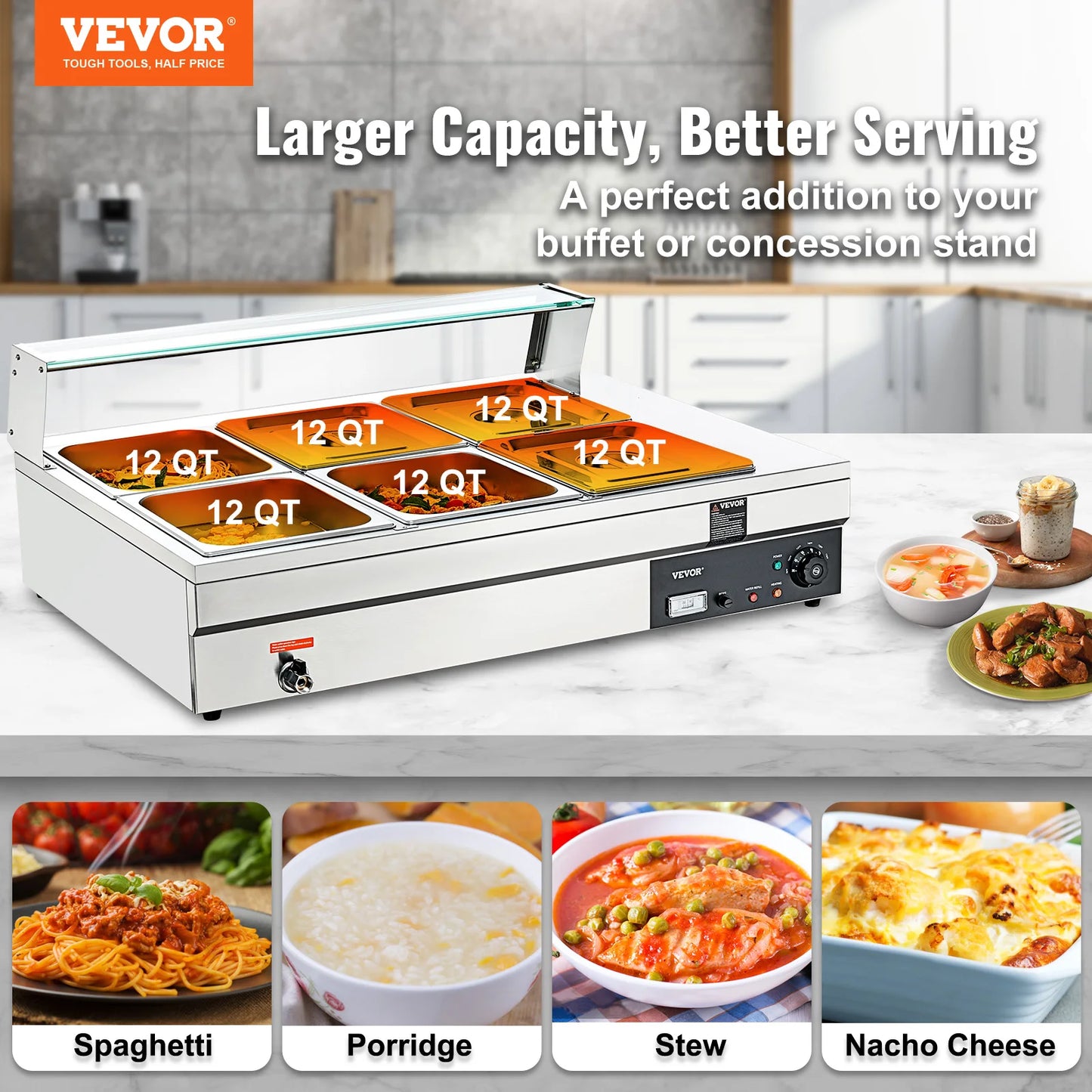 VEVOR Commercial Food Warmer w/ Tempered Glass Cover Electric Steam Table Countertop Stainless Steel