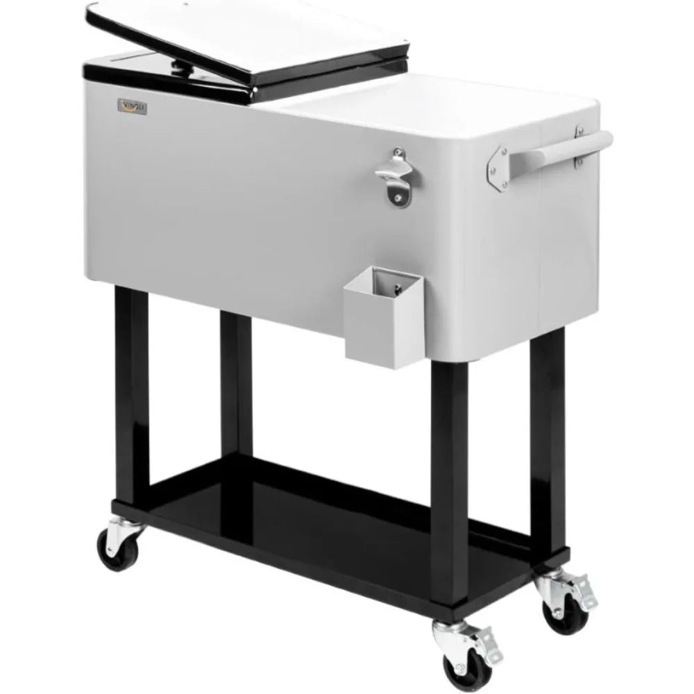 VINGLI Grey 80 Quart Rolling Ice Chest,Portable Patio Party Bar Drink Cooler Cart, w/Shelf