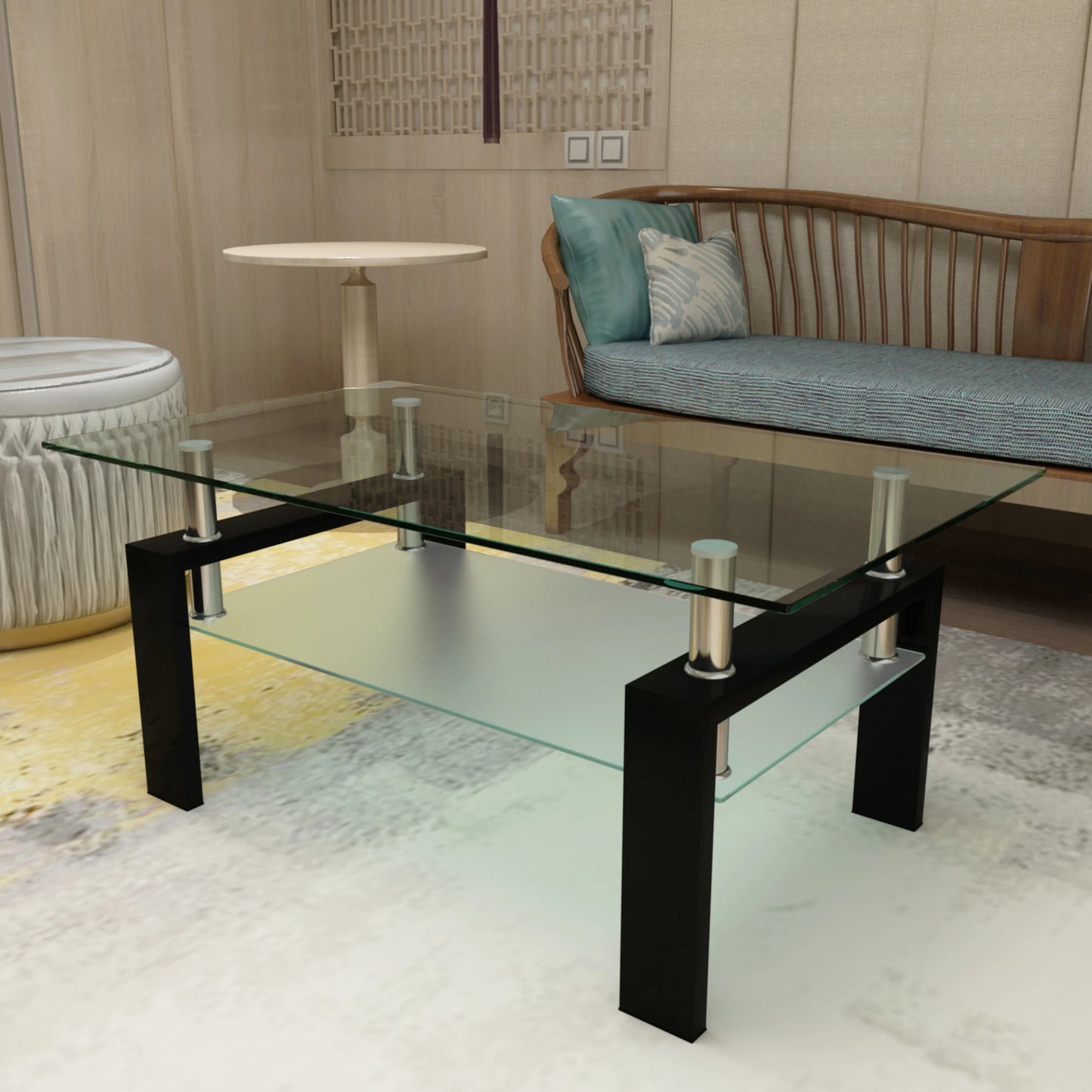 Rectangle Black Glass Coffee Table, Clear Coffee Table, Modern Side Center Tables/Furniture