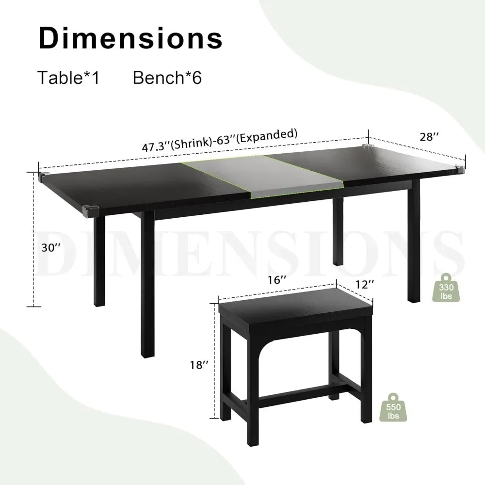 Mid-Century Dining Room Table 7-Piece with 6 Stools, 63" Large Extendable Kitchen Table Set for 4-8