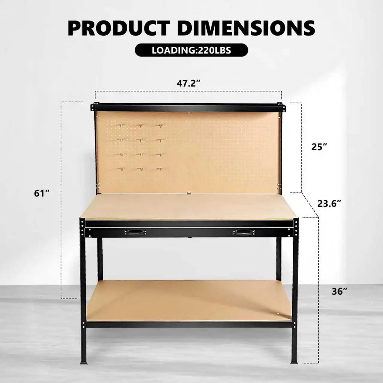 63'' Garage Workbench, 300 Lbs Load Capacity, Heavy Duty Work Bench, Workbench With Pegboard Drawer