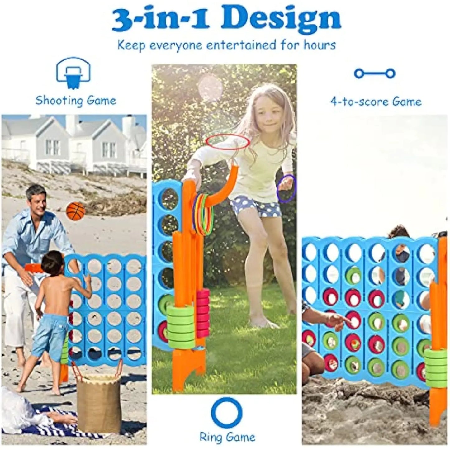 4-in-A-Row Giant Game w/Basketball Hoop, Ring Toss, 42 Jumbo Rings without carrying bag