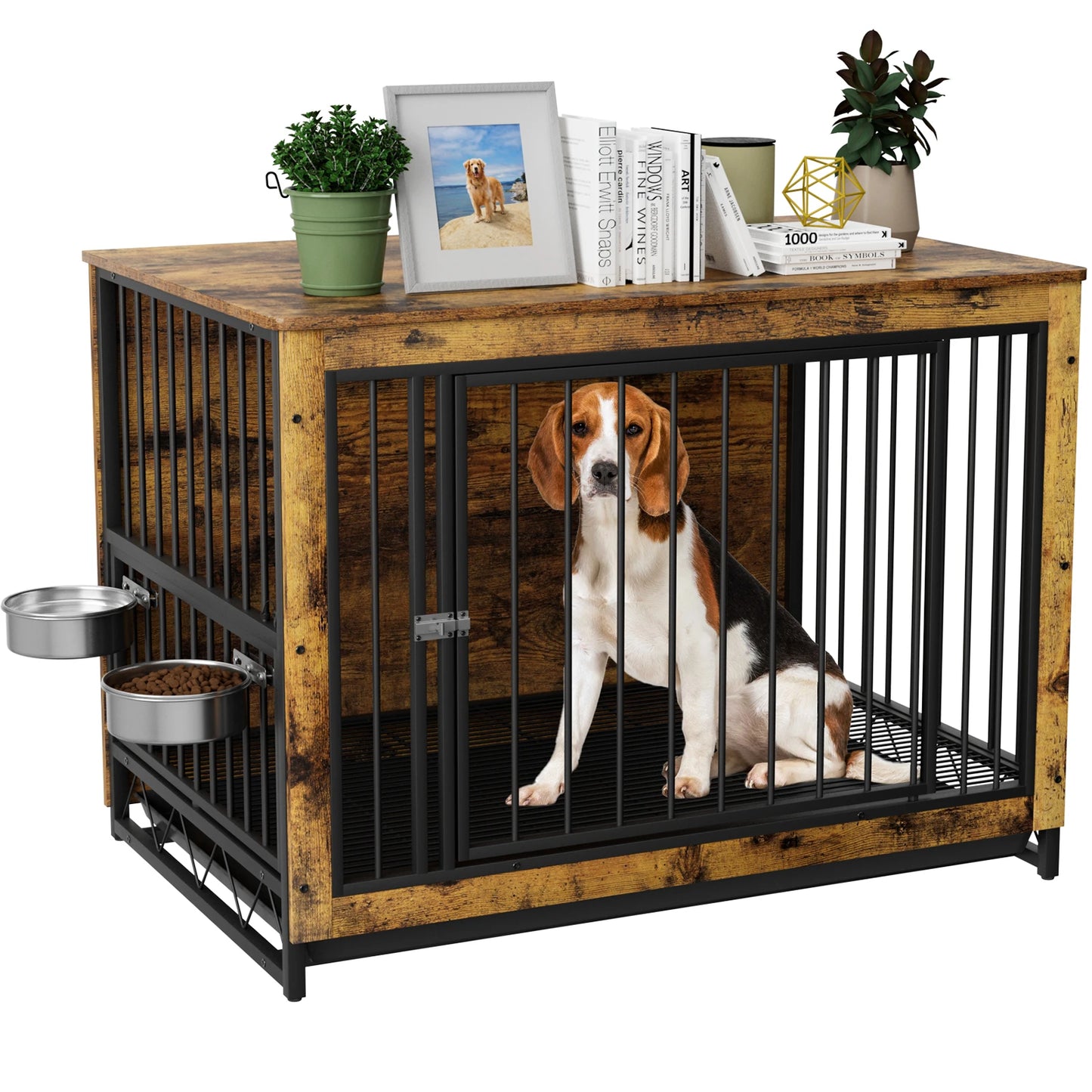 Furniture Style Dog Crate,Wooden Heavy Duty/ Raised Feeder/Dogs 2 Stainless Steel Bowls Brown/Gray