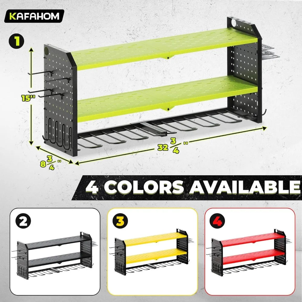 Power Tool Organizer,Large 8 Drill Holder Wall Mount with 2 Side Pegboards,Metal Tool Shelf/12 Hooks