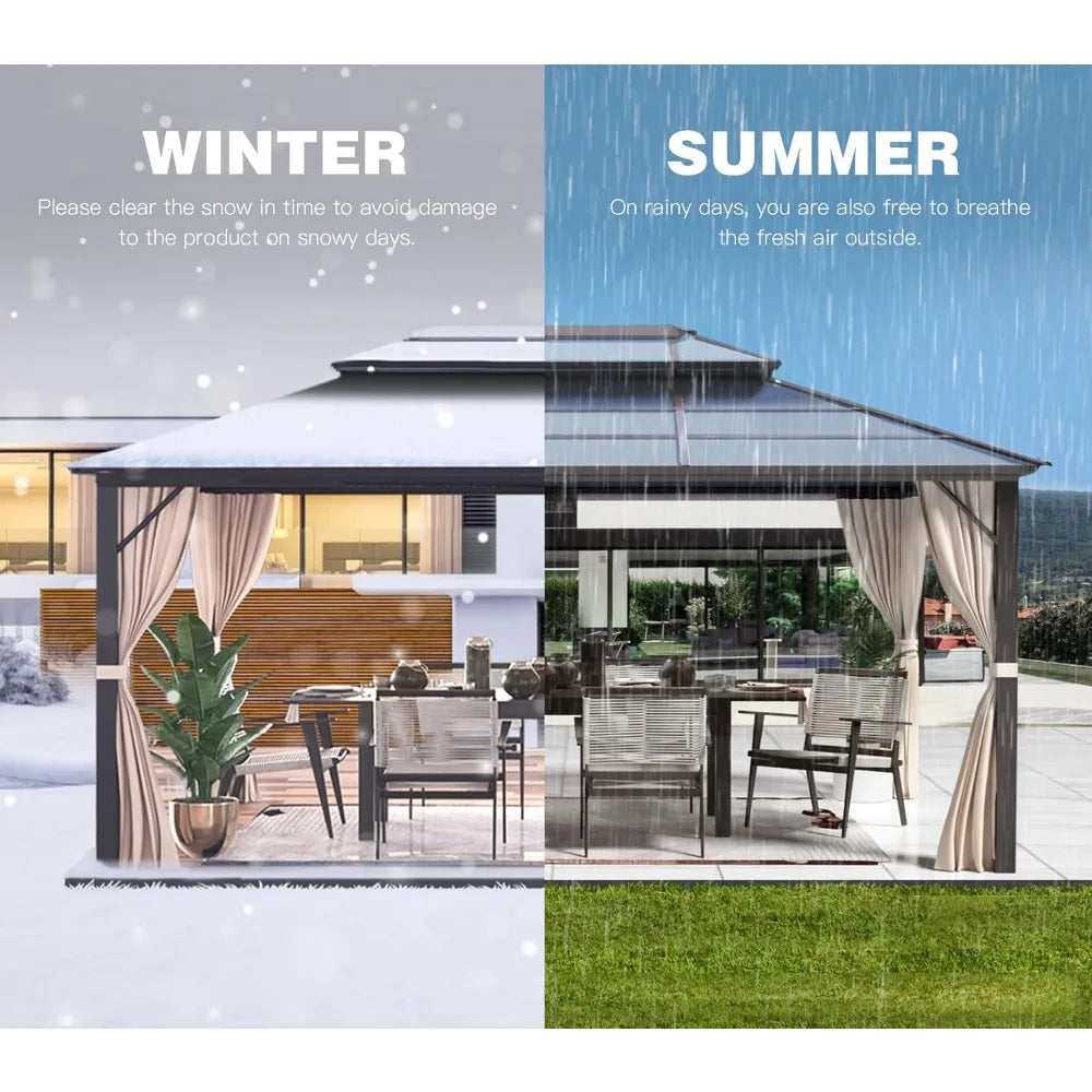 10'x13' Hardtop Gazebo, Outdoor Polycarbonate Double Roof Canopy, Aluminum Frame Permanent Pavilion