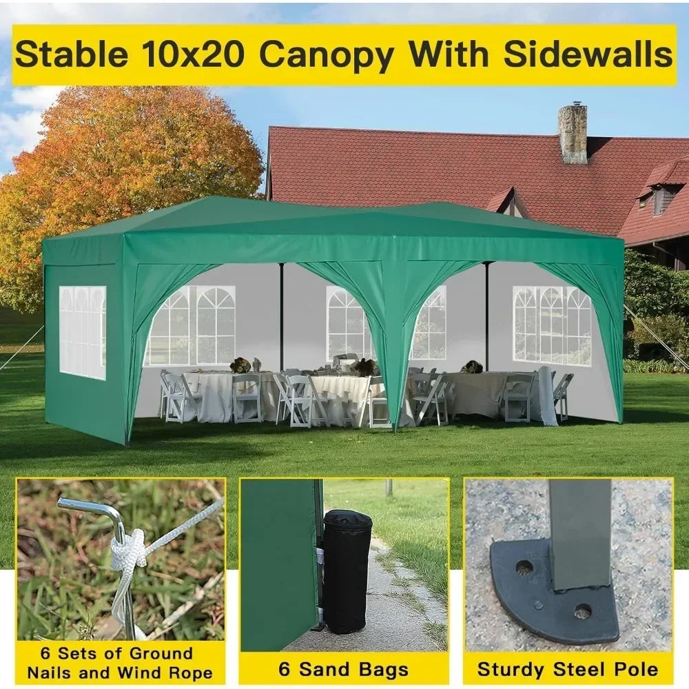 Awning 10x20 w/Sidewalls, Sun-Resistant Heavy Duty 10x20 Pop Up Canopy w/6 Sand Bags, Green Foldable