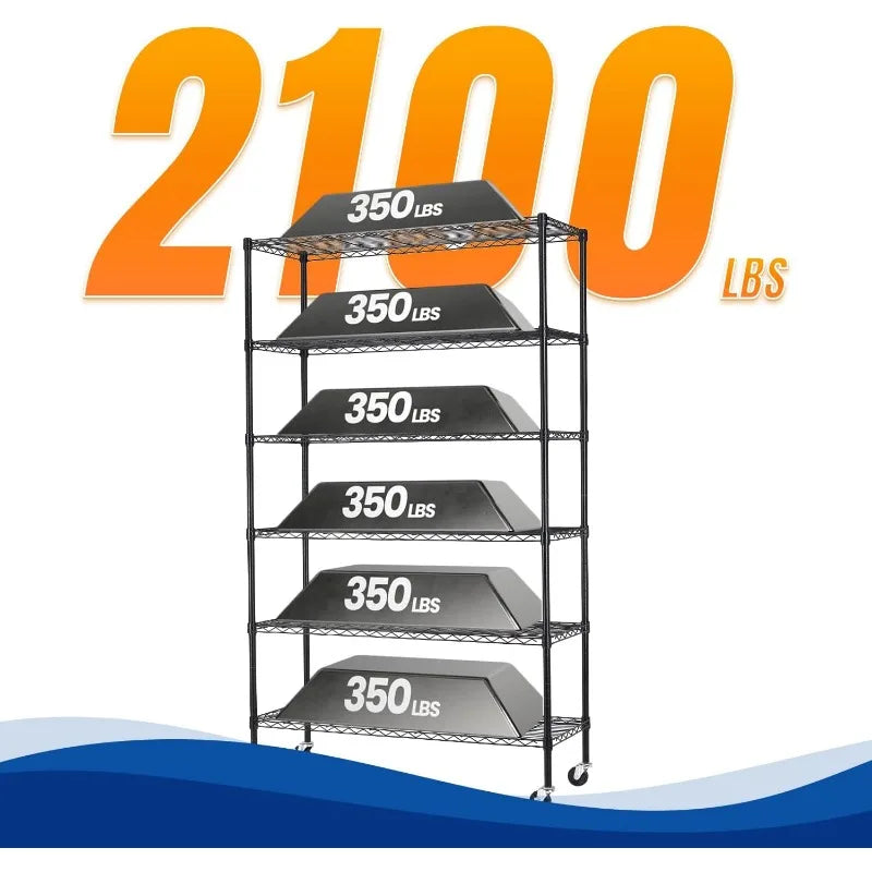 Storage Shelves 2100Lbs Capacity, 6-Shelf on Casters 48" L×18" W×72" H Commercial Wire Shelving Unit