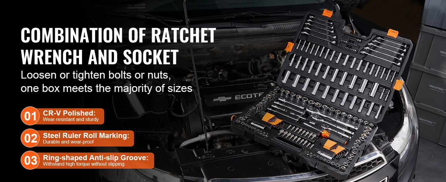 SucceBuy Mechanics Tool Set and Socket Set Deep and Standard Sockets 145/205 Pcs SAE and Metric