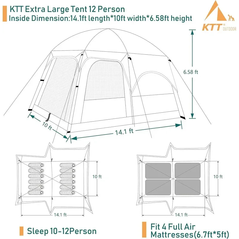 KTT Extra Large Tent 10-12-14 Person(Style-B),Family Cabin Tents,2 Rooms,3 Doors and 3 Windows