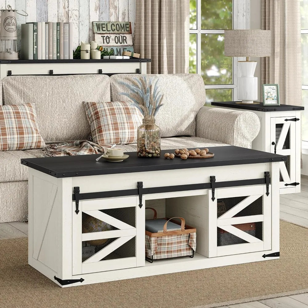 47.3FT Lift Top Coffee Table w/Barn Door, Center Table w/Storage, Modern Antique Rectangular