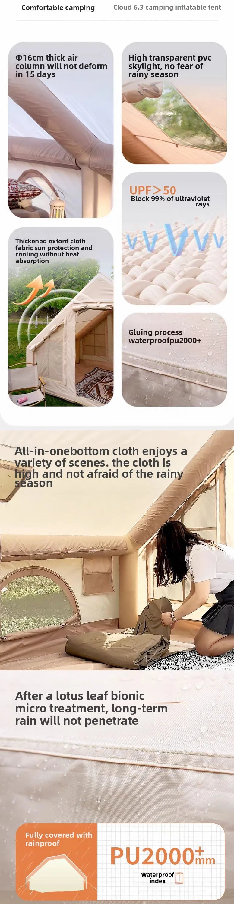 Inflatable tent camping for 1-6 people, hand pump inflation tent, w/skylight and chimney waterproof