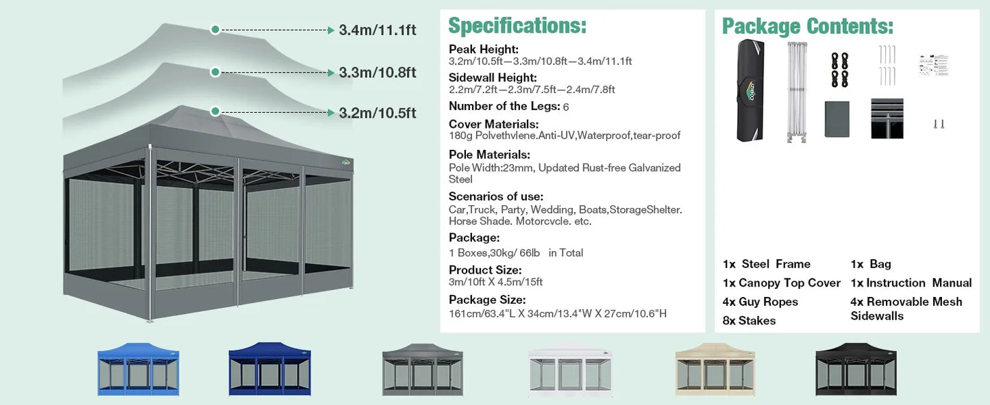 Canopy Tent 10x15 Heavy-Duty, Pop-Up Gazebo with Mosquito Netting, Waterproof Canopy with Sidewalls