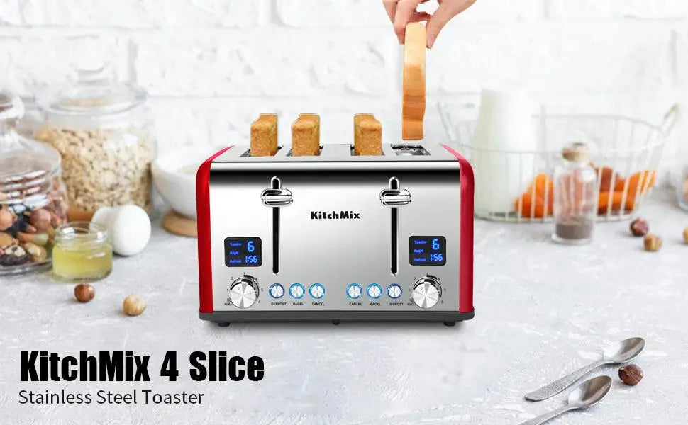 4 Slice, Kitch Mix Stainless Toaster w/ LCD Timer, Extra Wide Slots, Dual Screen, Removal Tray (Red)