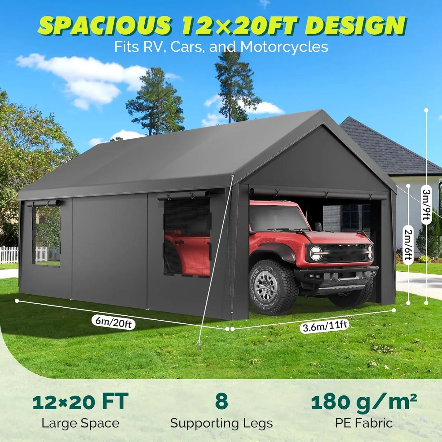 Durable 12x20ft Portable Garage Metal Carport with Galvanized Frame, Waterproof and UV Protection