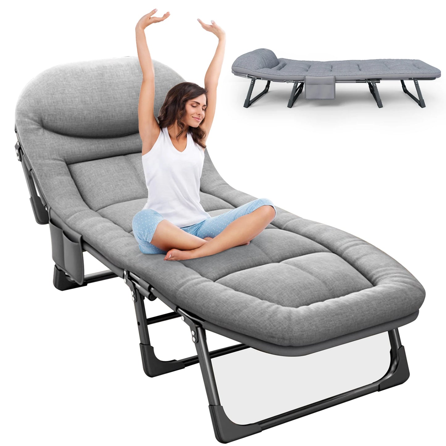 Sleeping Cots 6 Positions, Portable & Foldable Bed with Mattress and Pillow, Heavy Duty Sturdy Frame