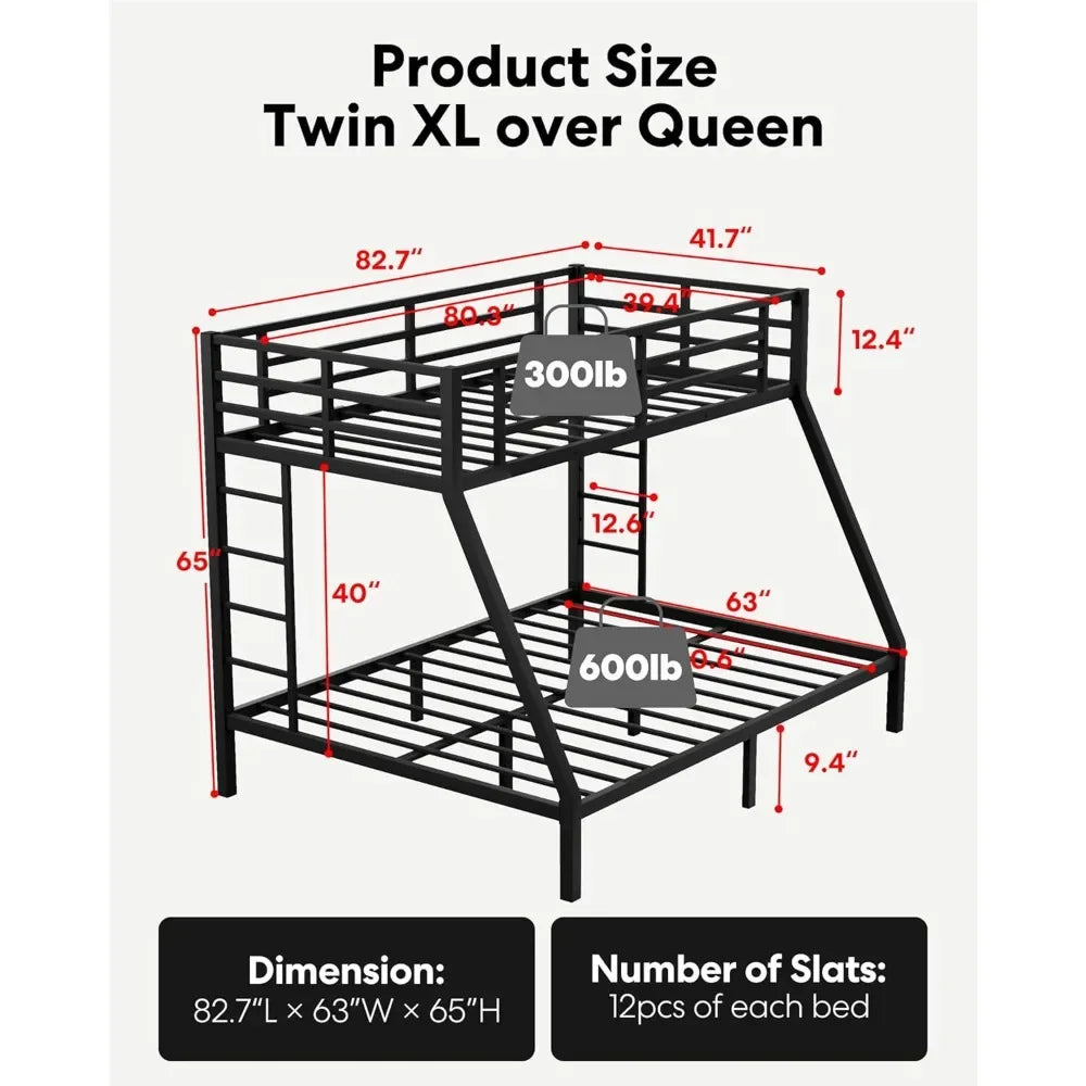 Metal Twin XL Over Queen Bunk Bed, Heavy Duty Twin XL Bunk Bed with 2 Safety Side Ladder