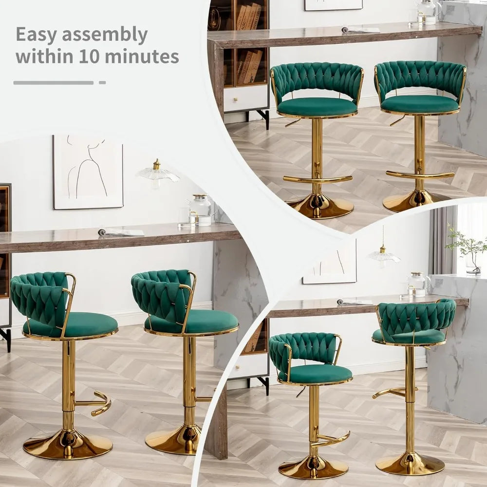 Gold Bar 4 Stools, Counter Height Bar Stools w/Low Back, Velvet Adjustable Height Barstool 360°