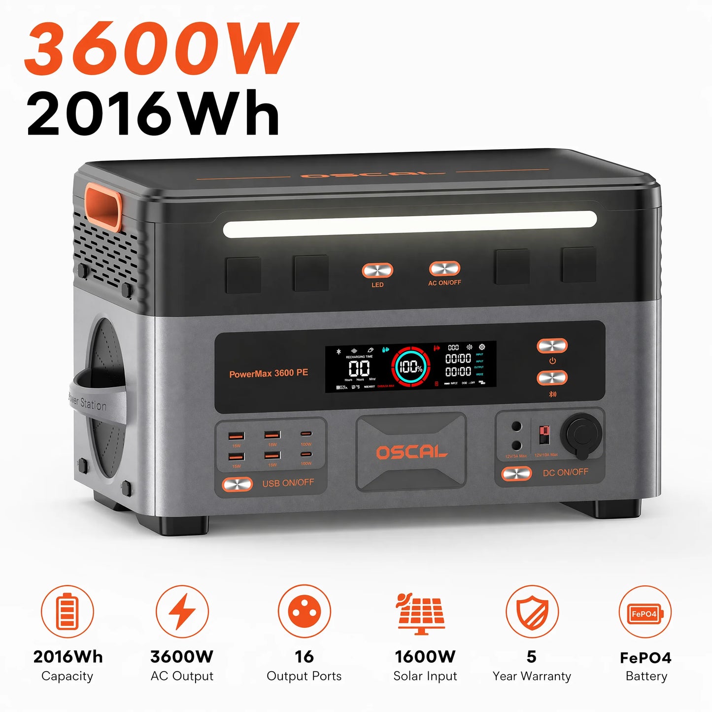 OSCAL 3600W Portable Power Station PowerMax 3600PE, 2016Wh Solar Generator, LiFePO4 Battery Power