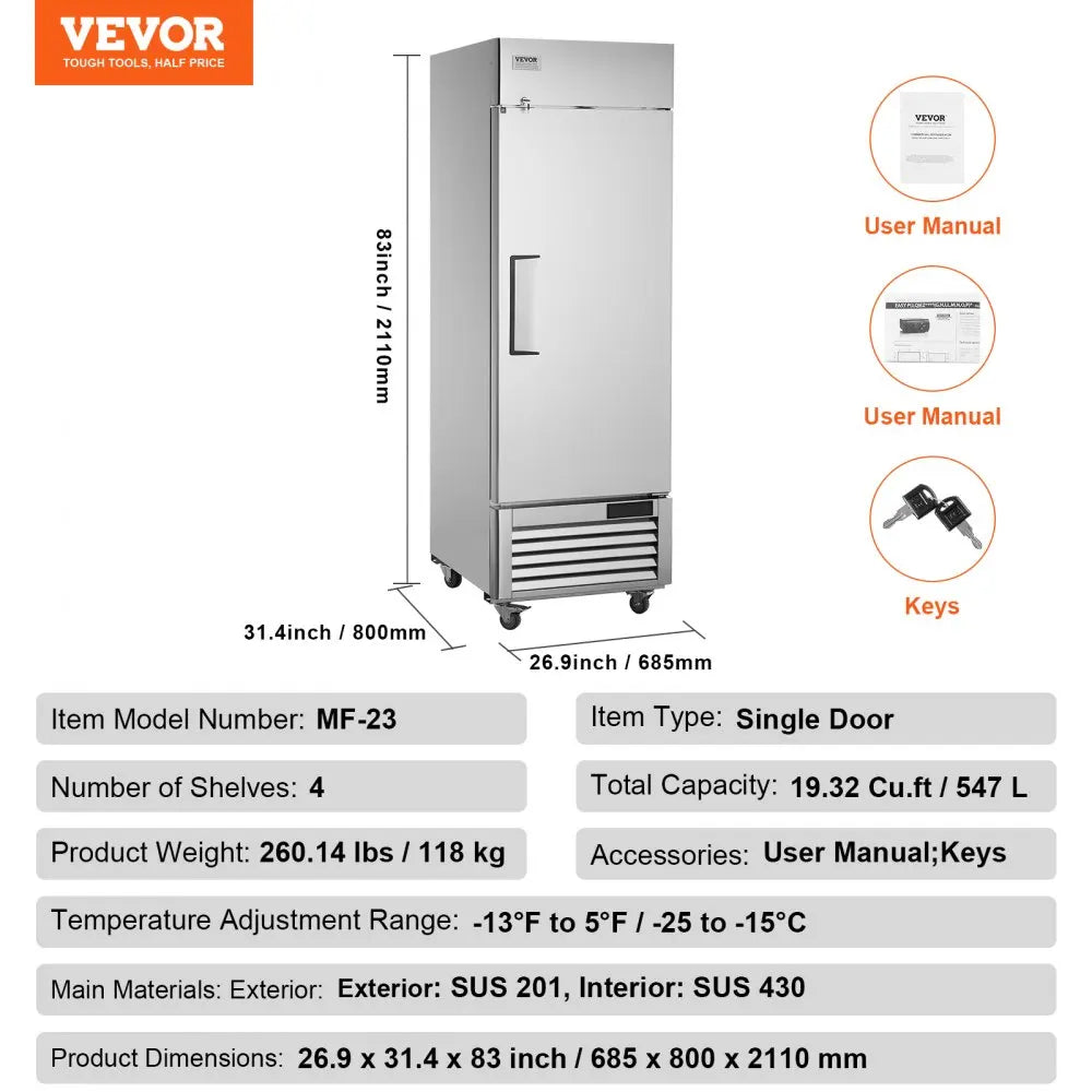 VEVOR Commercial 9.32 Cu.ft Reach In 27" W Upright Refrigerator 1-3 Door Auto-Defrost Refrigerator