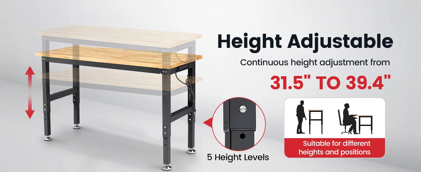 Workbench for Garage Adjustable Height Work Bench with Pegboard Power Outlets Rubber Wood Tabletop