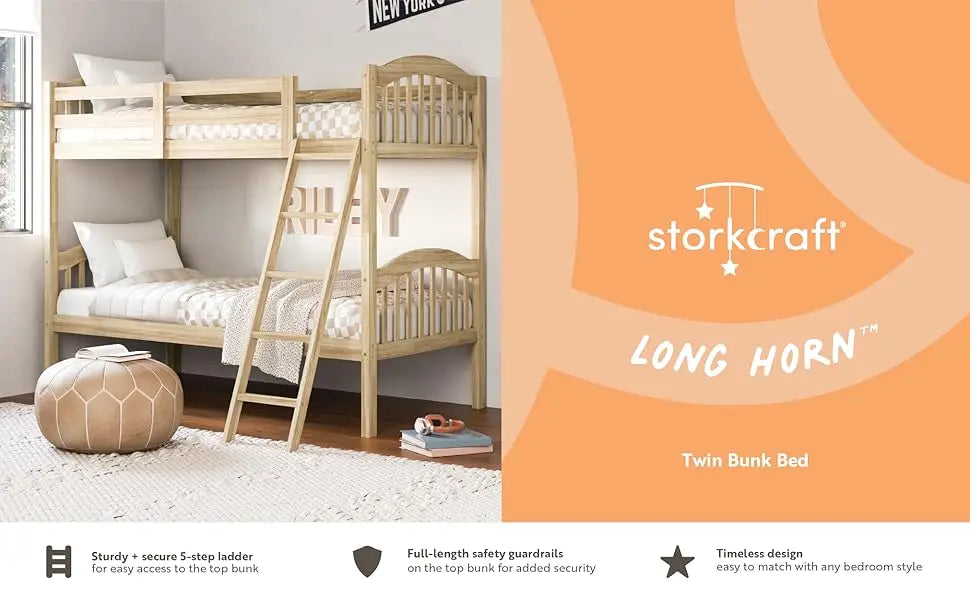 Storkcraft Long Horn Twin-Over-Twin Bunk Bed (White) - GREENGUARD Gold Certified, Converts to 2 twin