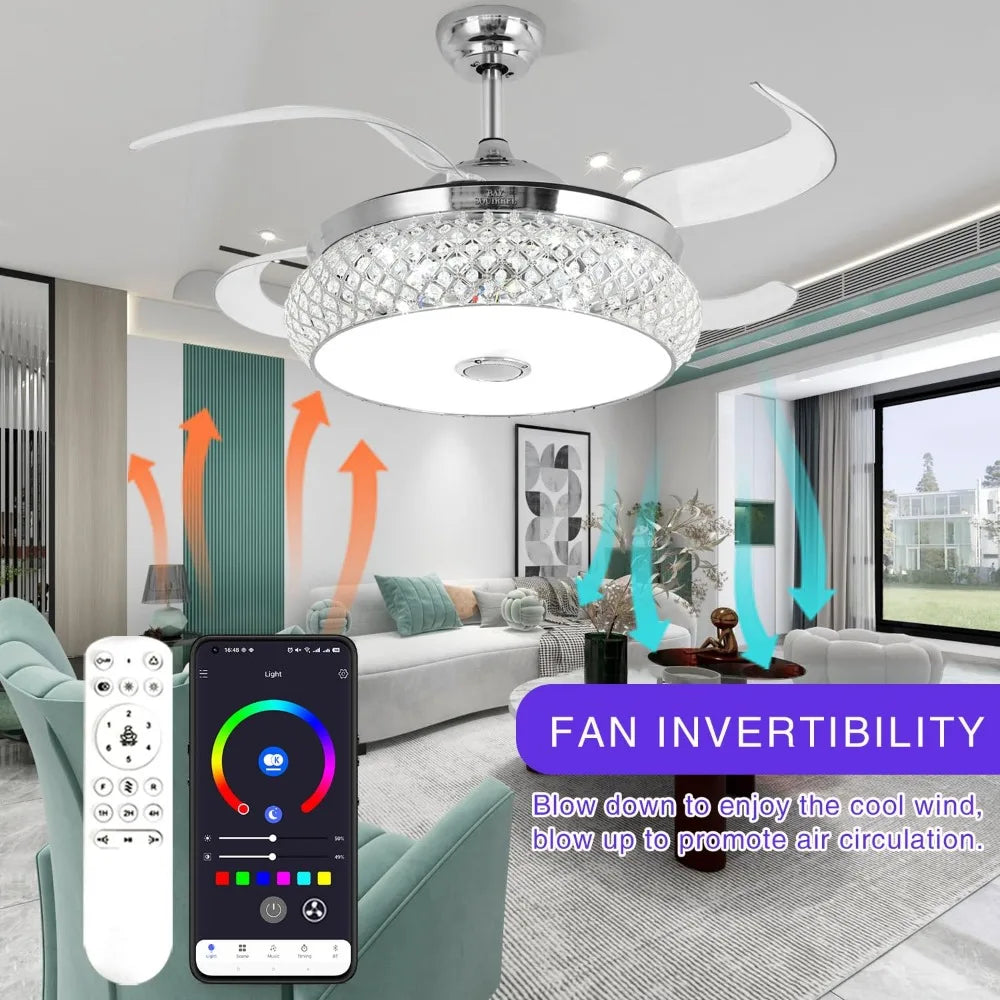 2024 Retractable Bluetooth Ceiling Fan w/Speaker, Retractable Fan w/ Light & Remote/APP Control