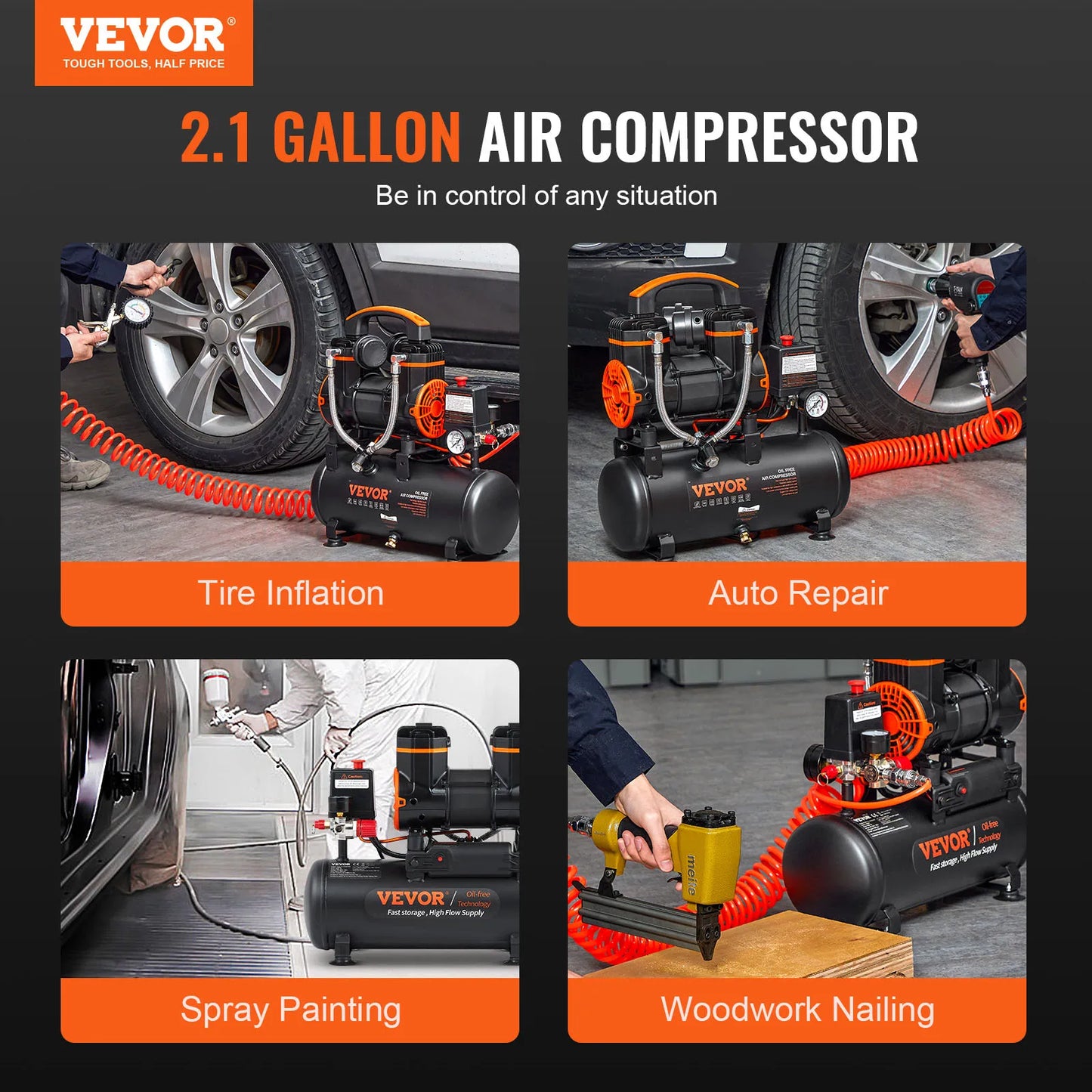 VEVOR 2.1 Gallon Air Compressor 1.2HP 2.2 CFM| Auto Repair Tire Inflation Spray Painting Woodwork