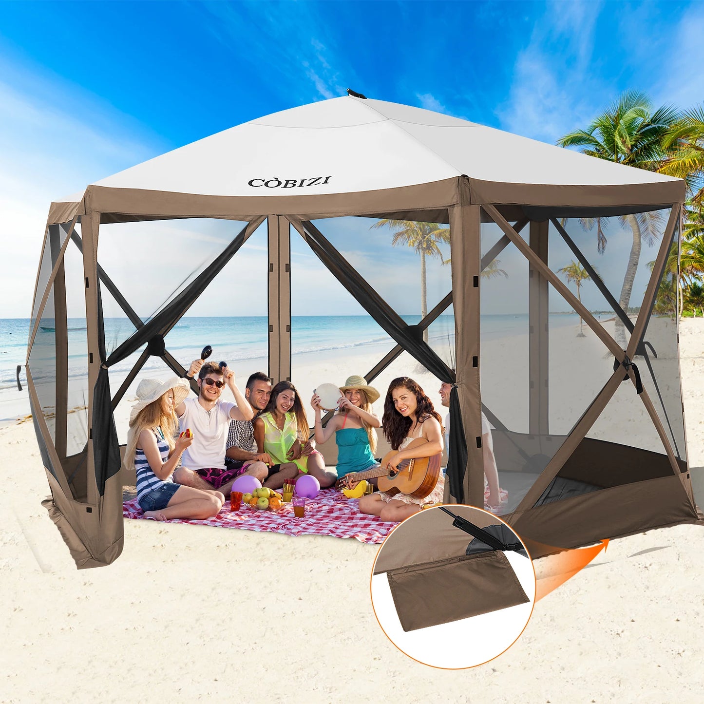 12x12ft Pop up Gazebo Screen House Tent with Mosquito Netting, 6 Sided Pop-up Canopy Easy-Set BROWN