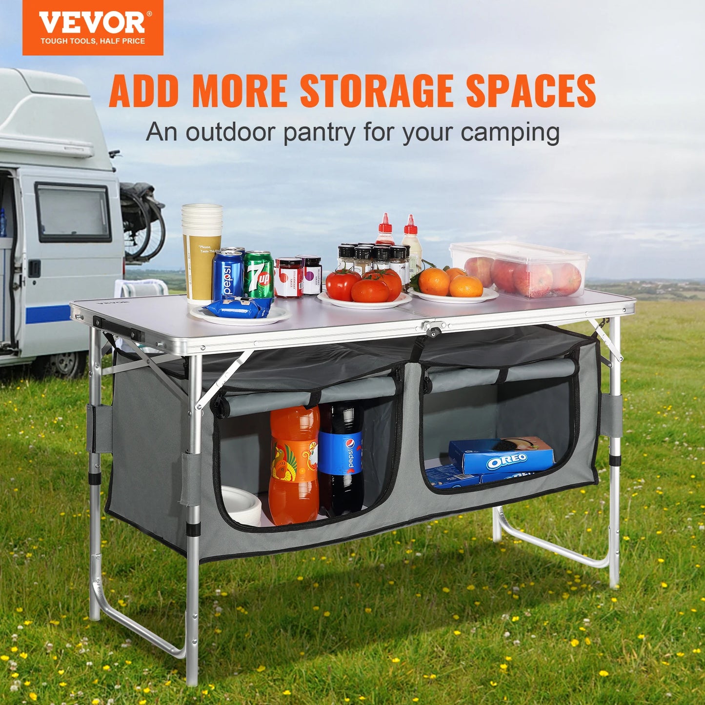 VEVOR Folding Picnic Table Kitchen Camping Cupboards Aluminum Suitcase Table W/ Storage Bag