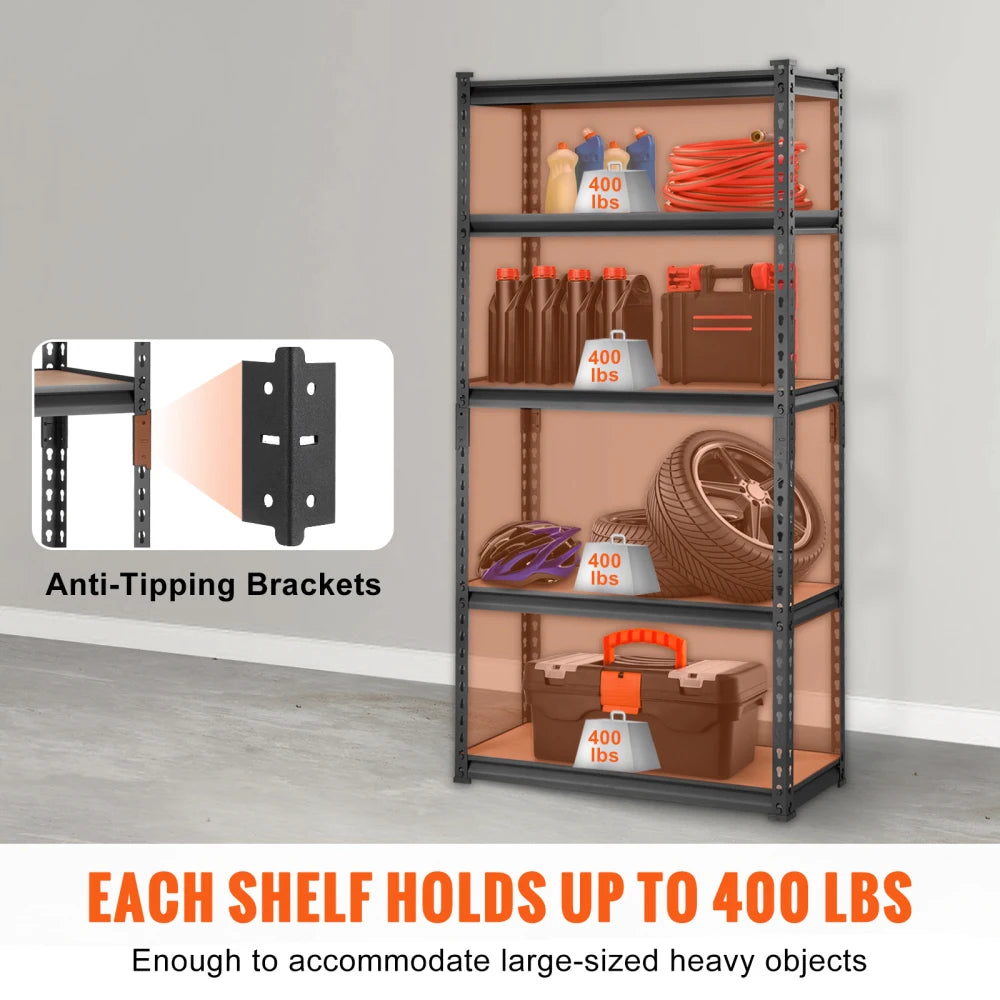 Heavy Duty 5-Tier Adjustable Metal Storage Shelving 2000 lbs, 30"x12"x60" Black Rack