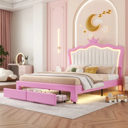Full size padded bed frame with LED lights, princess bed/crown headboard, 2 drawers, pink+white