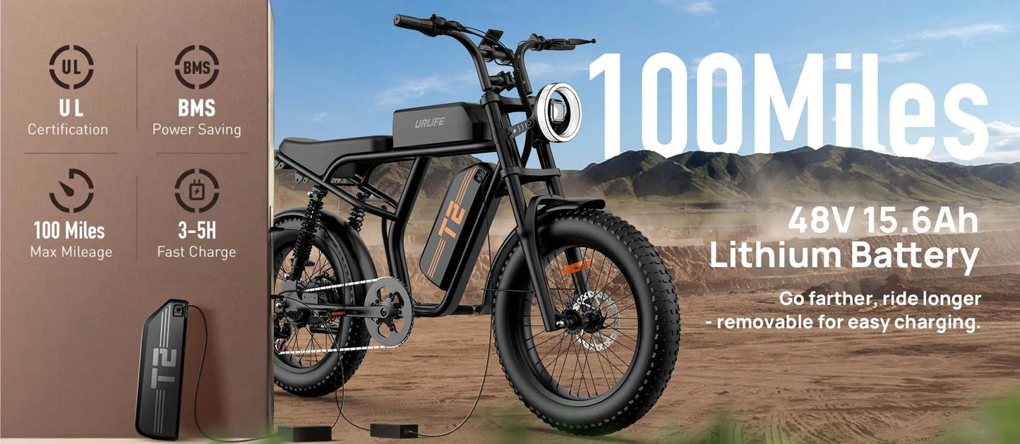 Peak 1500W Electric Mountain Bike w/48V 15.6Ah Removable Battery/28MPH 100 Mile Range, 20" X 4" Tire