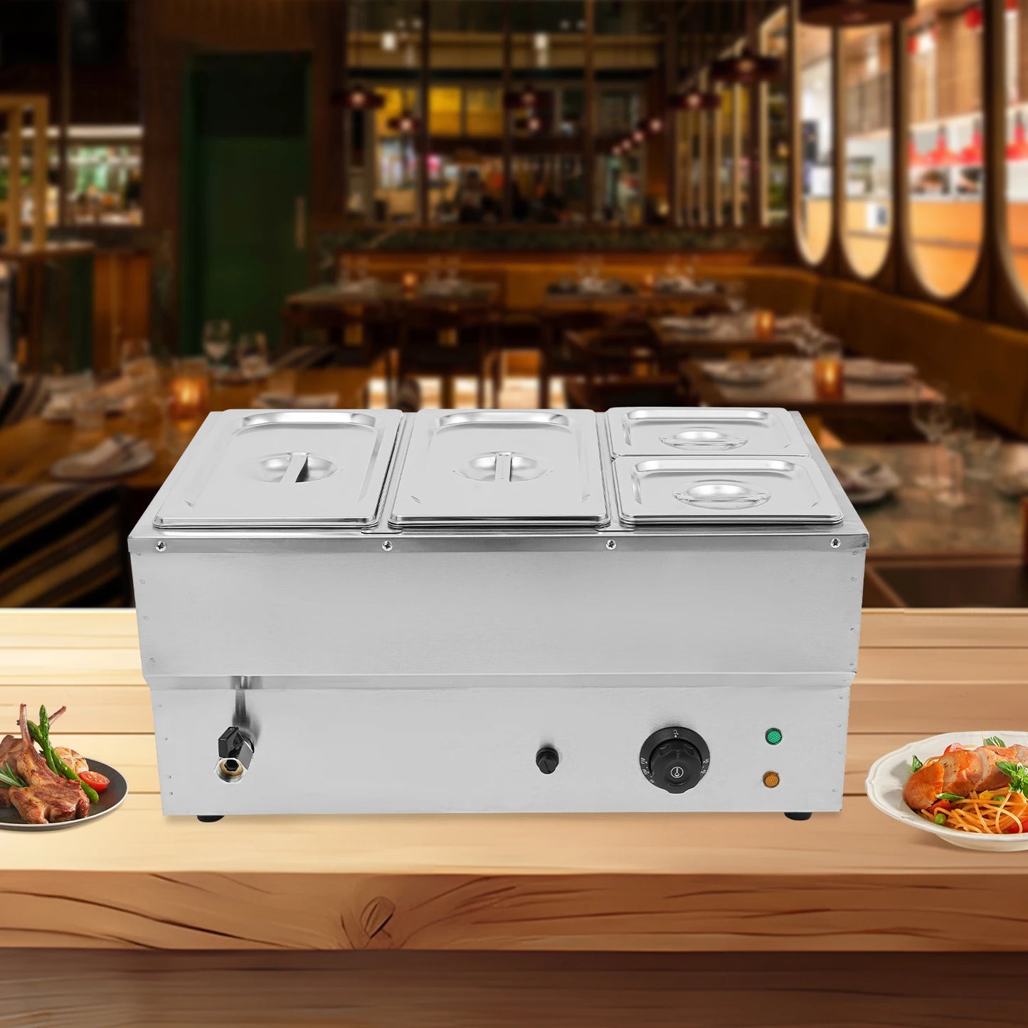 Electric 4-pan Food Warmer Commercial Stainless Steel Buffet Server Adjustable