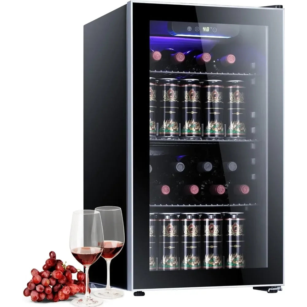 Wine Refrigerator, 26 Bottle 125 Can, Glass Door Quiet Compressor Freestanding, 3.2Cu.ft Mini Fridge