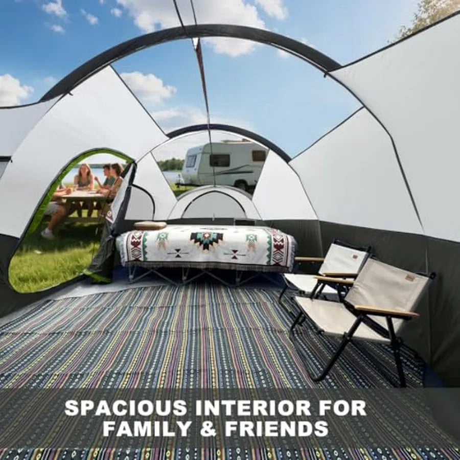 8 Person Weather Resistant Camping Tent for Family Outdoor Adventures Features 5 Large Mesh Windows