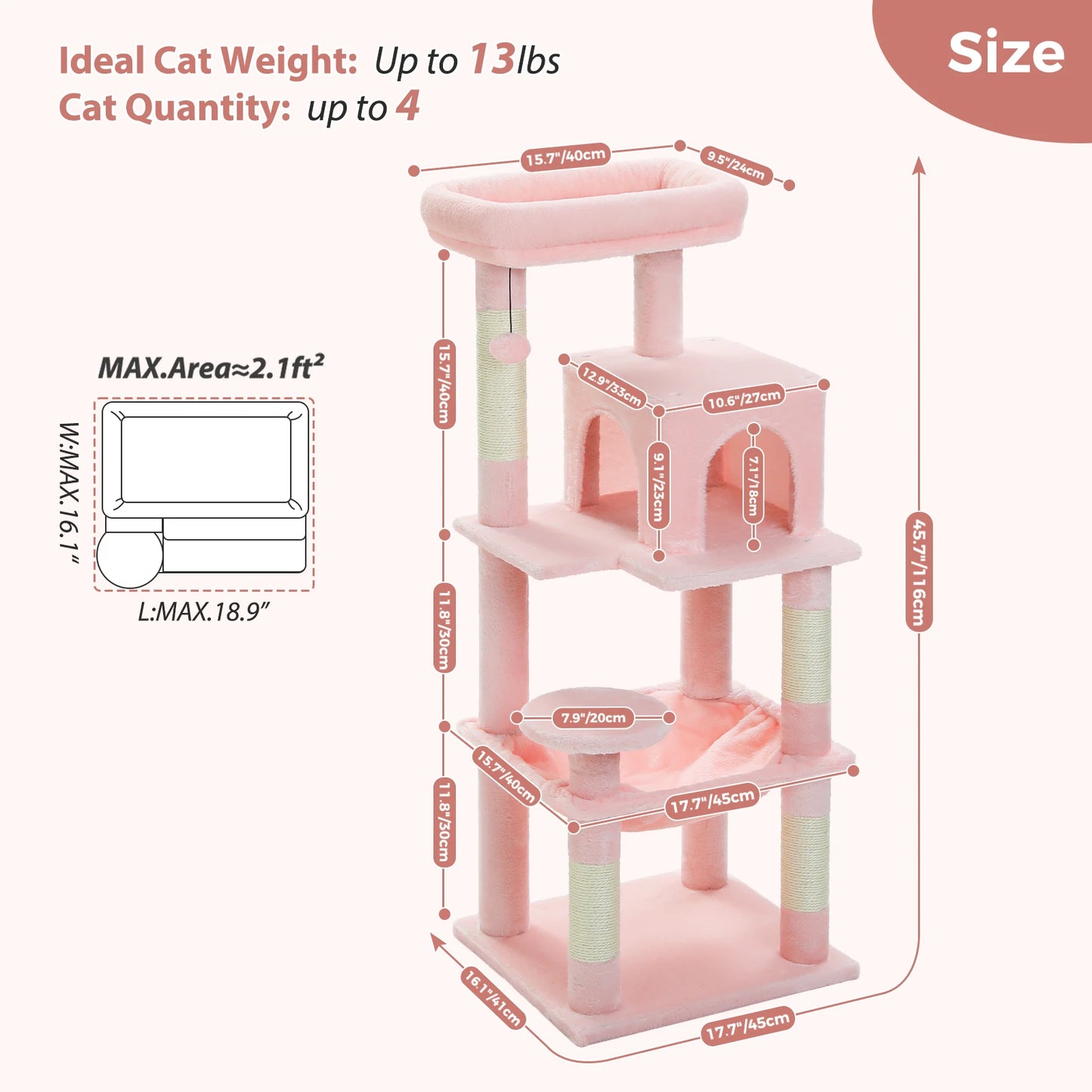 Cat Tree for Indoor Cats, 5-Level Cat Tower for Large Cats with Metal Frame Large Hammock Cat Condo