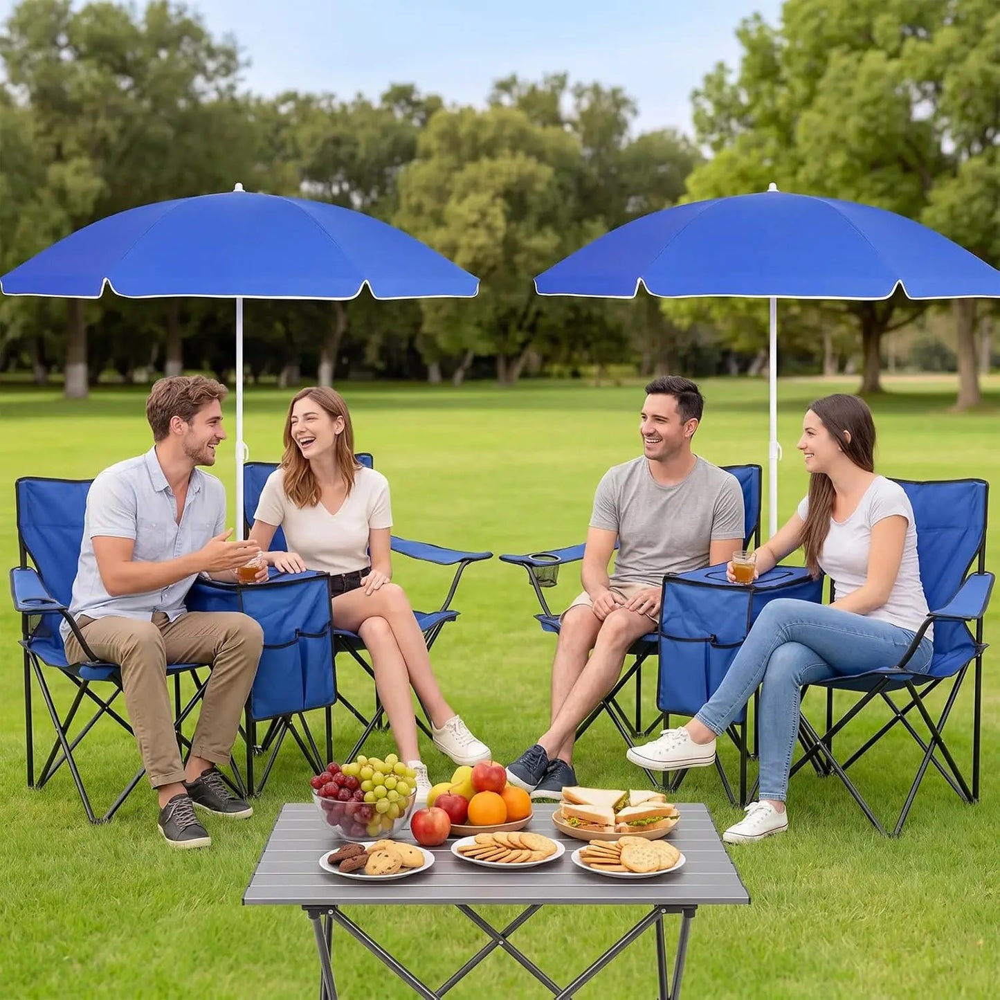 Double Camping Chair Set With Umbrella And Cooler Two Person Folding Loveseat Chair