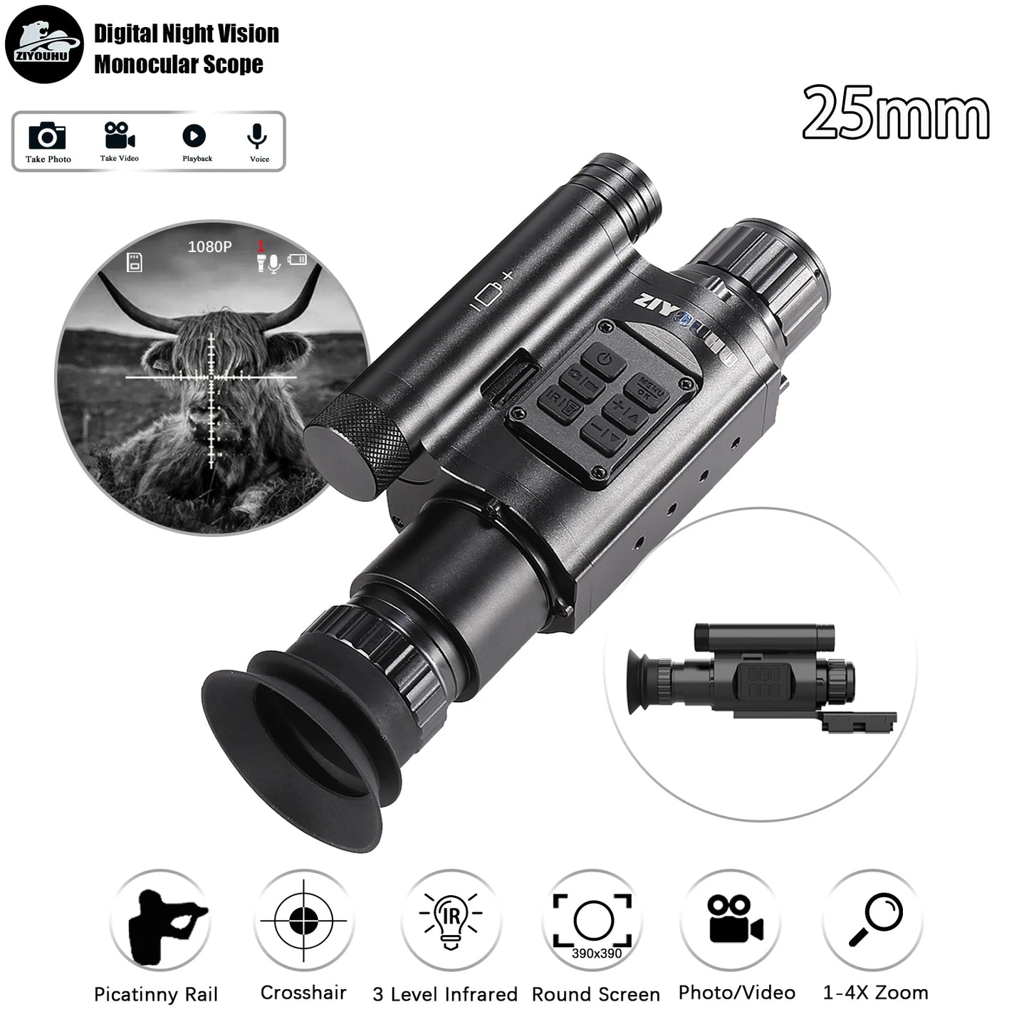 ZIYOUIHU NV075 HD Infrared Monocular Night Vision Video Camera, Hunting Night Vision Scope,Lens Opti