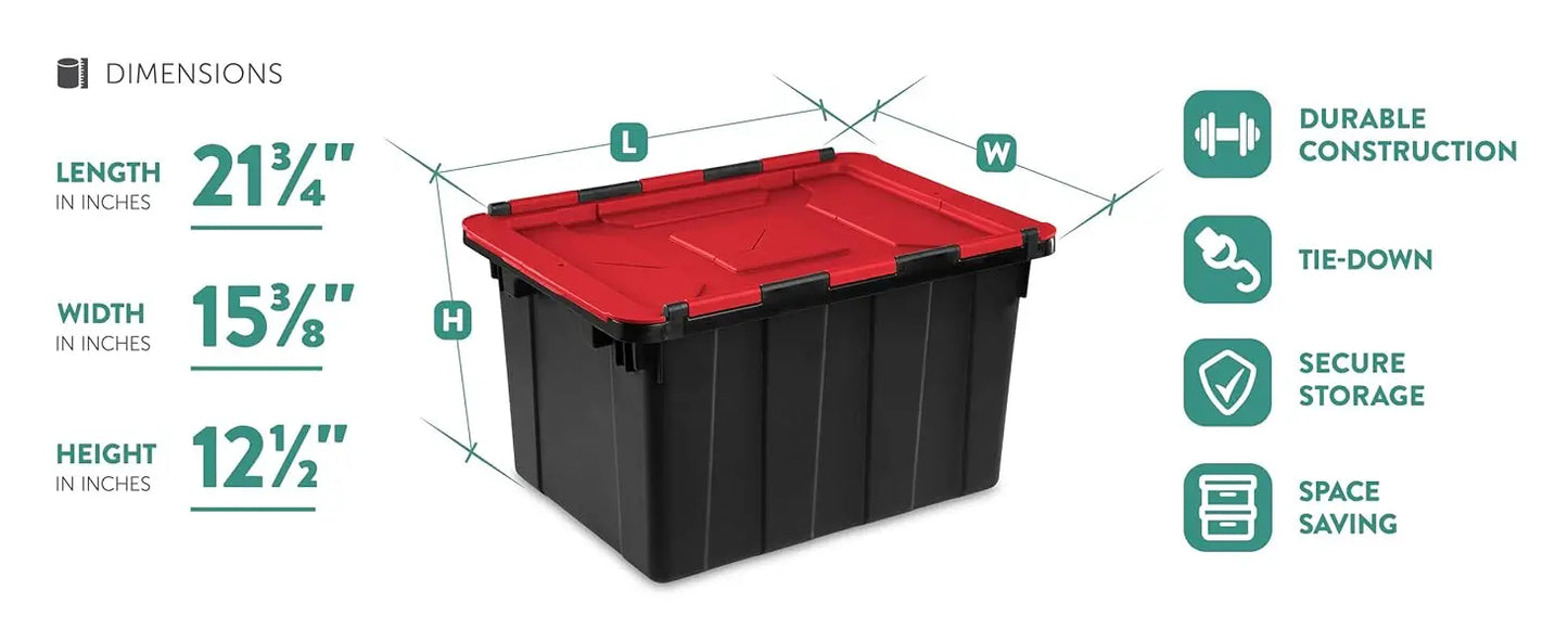 6 Pack Hinged Lid Industrial Totes, 12 Gal Stackable Storage Bins, Black/Red Lid
