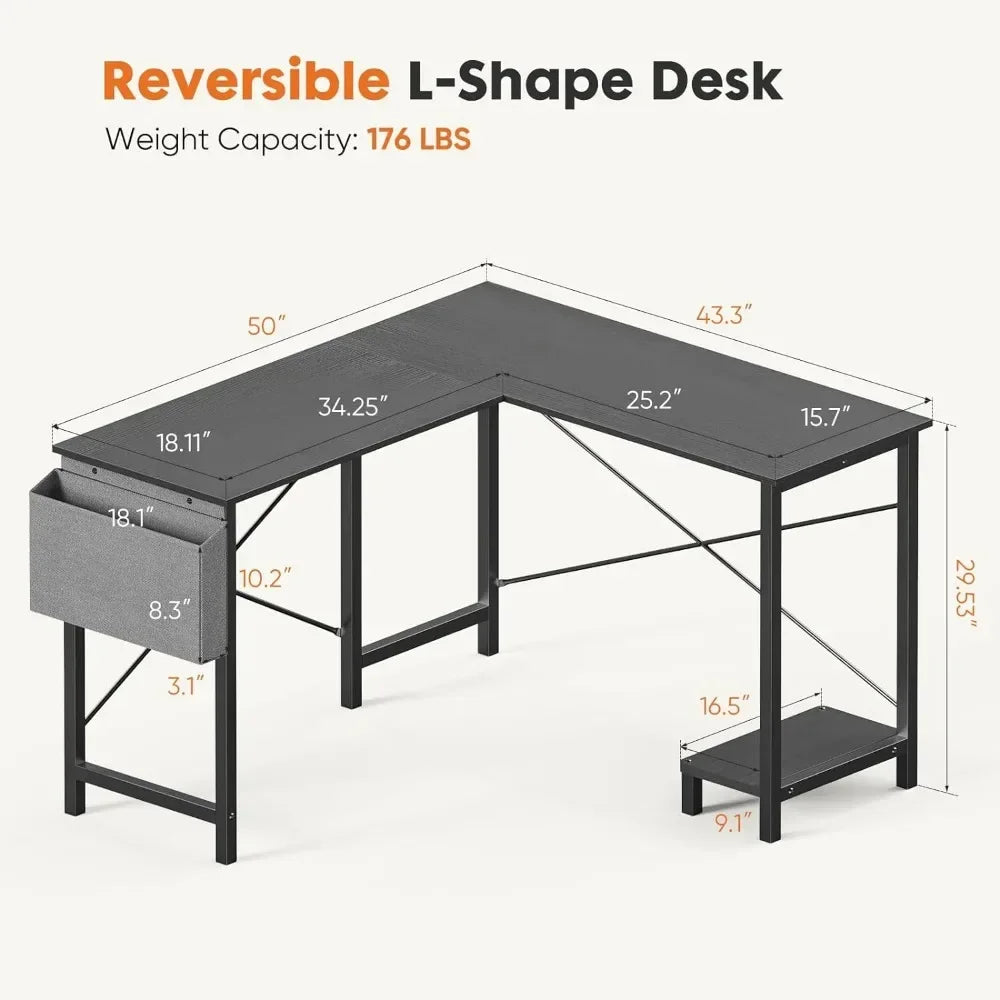 L Shaped Computer Desk - Gaming Table Corner Desk 50 Inch PC Writing Black Desk Study Desks