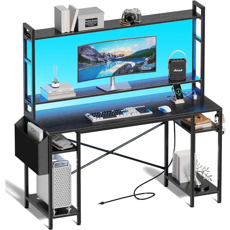 55 inch Computer / Gaming Desk w/ Adjustable Shelves w/ LED Lights & Power Outlets Monitor Stand